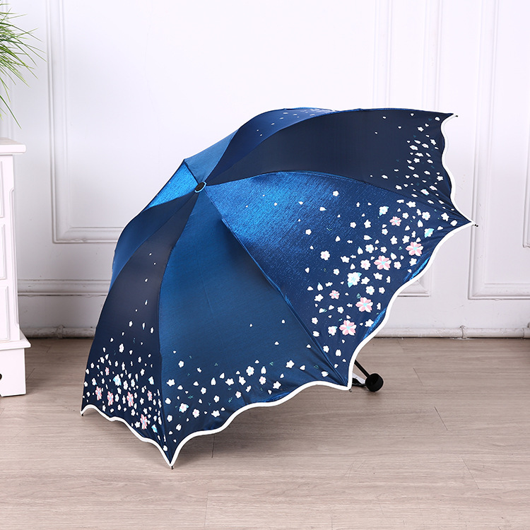 天堂伞三折叠全遮光变色闪光黑胶防紫外线晴雨伞