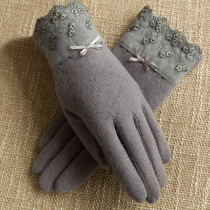  羊毛手套女士冬季加绒加厚触屏可爱分指手套
